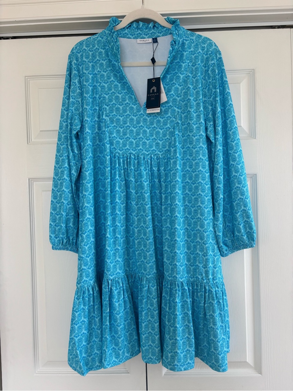 Cabana Life Turquoise Printed Long-Sleeve Tiered Dress